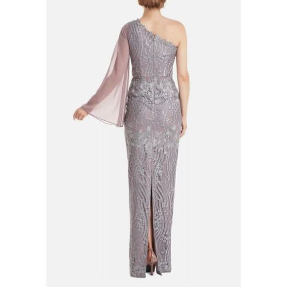 JS COLLECTIONS One Shoulder Embroidered Mesh Overlay Asymmetrical Gown in Steel - Picture 2 of 7